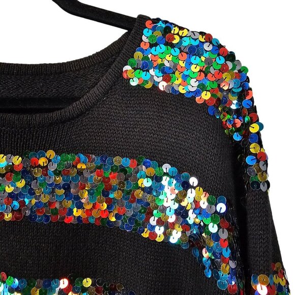 🔥Michelle Stuart Rainbow Sequins Stripe 80's Vintage Black Tunic Knit Dress - Picture 3 of 5